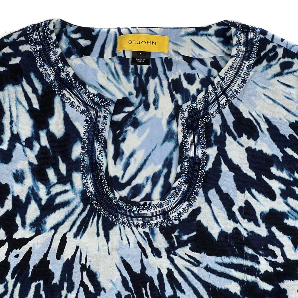St. John Vintage Silk Split-Neck Blue Crystals Animal Print‎ Blouse Size L - Picture 3 of 10